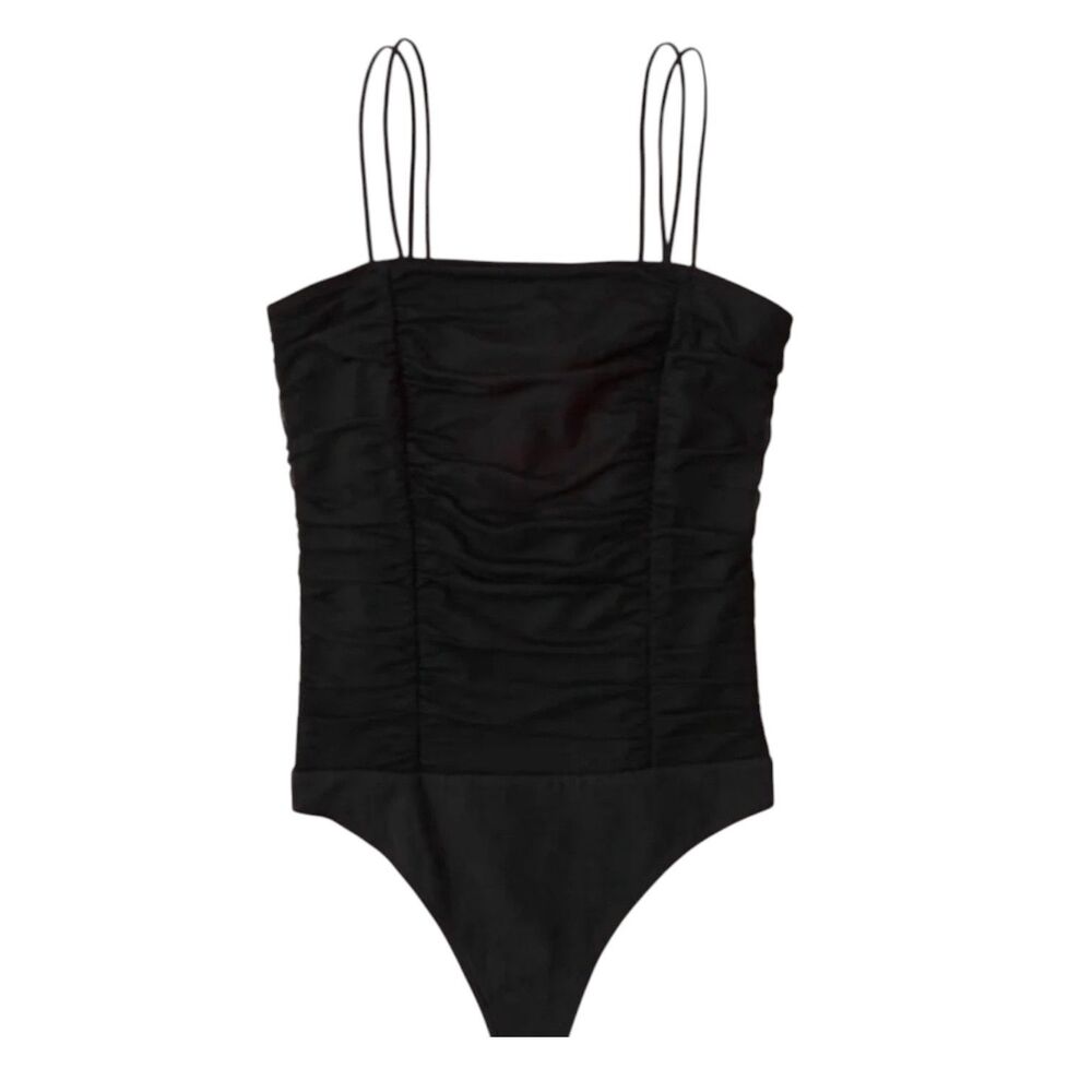 Abercrombie & Fitch Black Ruched Bodysuit Sz M Dbl Spaghetti Straps - Picture 1 of 8
